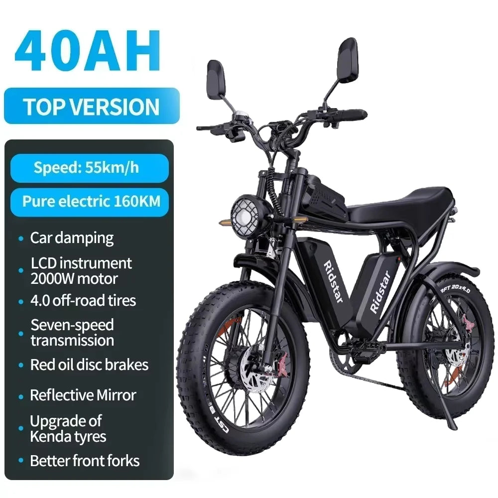 Electric bike RidstarQ20 2000W Dual motor 52V 40AH dual battery adult E-bike 20 inch Tire For Mountain off-road Electric bicycle