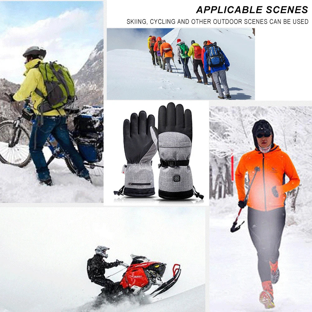 1Pair Hiking Skiing Heating Gloves Thermal Electric Cold Weather Heating Gloves Anti-Slip Waterproof Rechargeable for Men Women