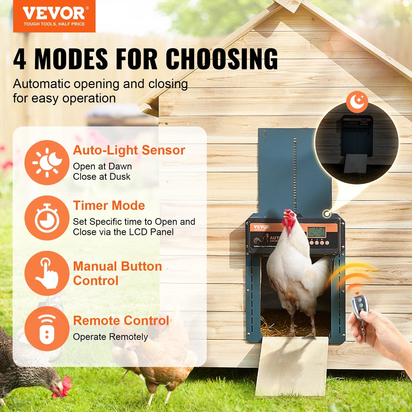 SucceBuy Automatic Chicken Coop Door with Light Sensing Remote Control Auto Chicken Door Opener Chicken Supplies Battery Powered