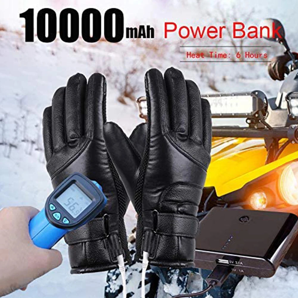 Leather Thermal Heated Gloves Waterproof Outdoor Cycling Thermal Bike Gloves Touchscreen Hand Warmer for Hiking Skiing Fishing