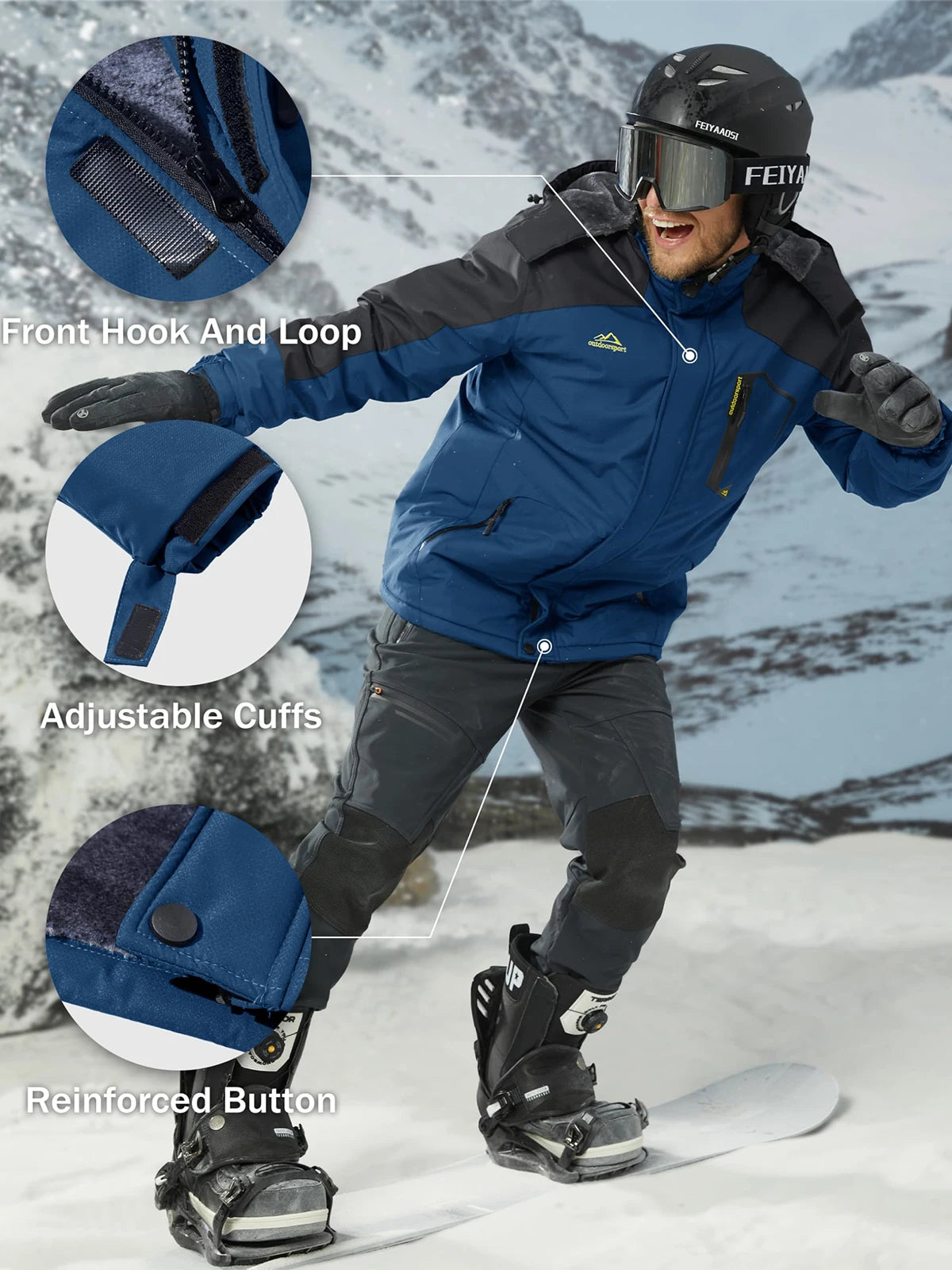 Men's Winter Coats Water Resistant Ski Snow Jacket Warm Fleece Jacket Parka Raincoats With Hood Multi-Pockets Thermal Parka