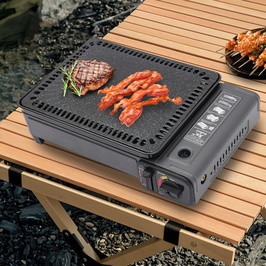 Portable Butane Grill Stove Camping Grill Gas Stove Free Standing BBQ Grill w/Grilling Net Carry Case for Camping Cooking