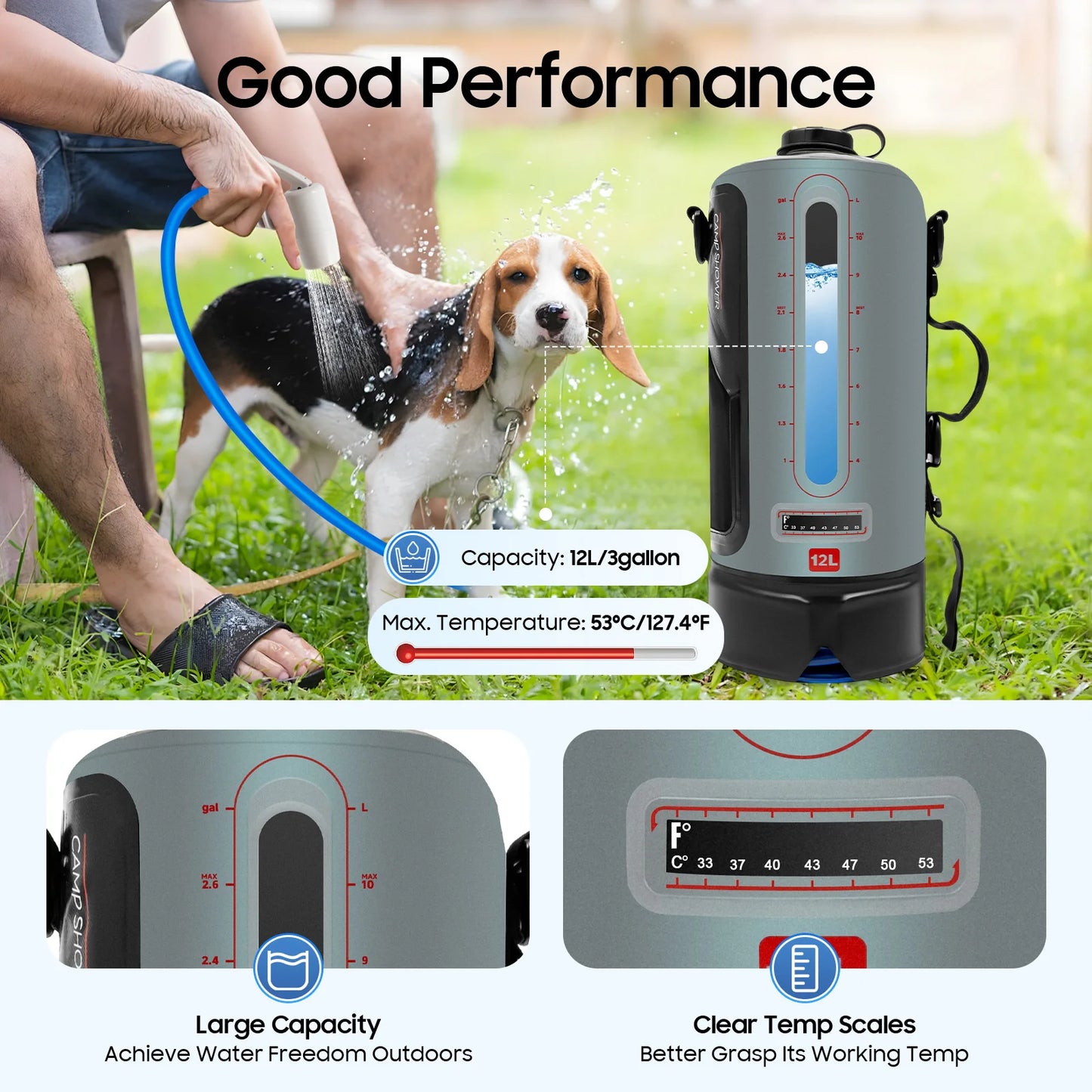 Camping Shower Bag 12L Large Capacity with Auto Pressure Pump Portable and Removable Hose Easy Installation