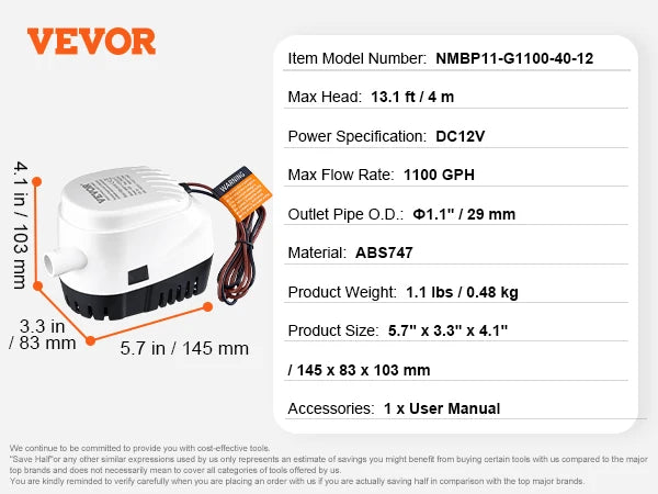 SucceBuy Bilge Pump 750/1100/3000 GPH 12V Automatic Submersible Bilge Water Pump with Float Switch for Boats, Pools, Basements