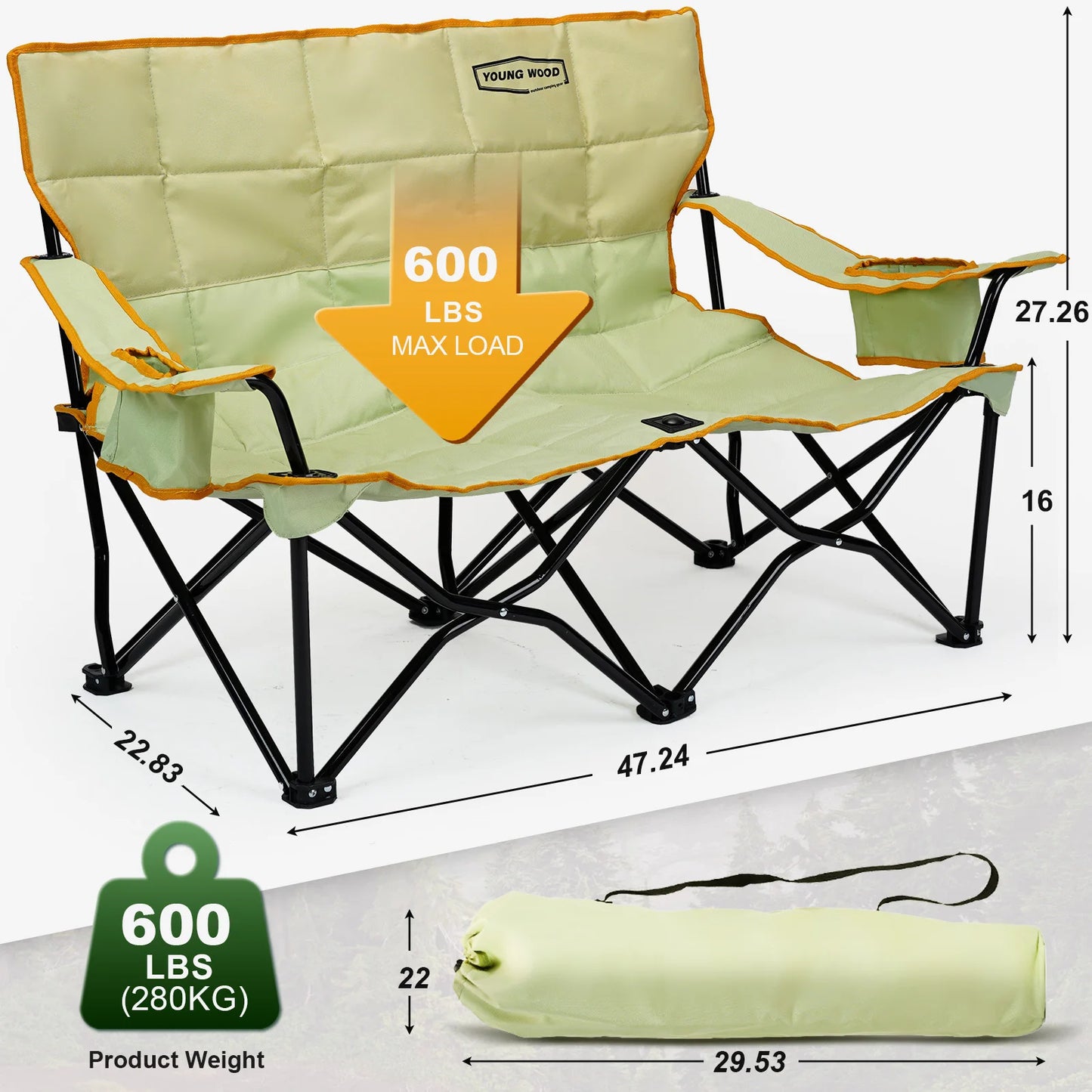 Green Double Chair YW Camping Outdoor Adventure Comfortable Durable Spacious Comfortable Designed with High Quality Materials