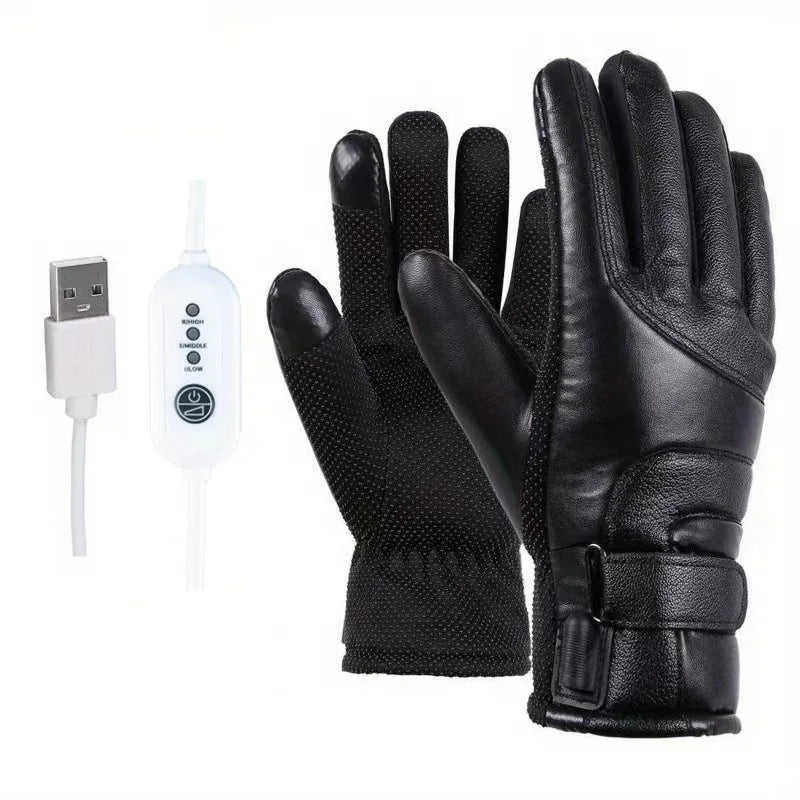USB Thermal Heated Gloves Waterproof Hand Warmers PU Leather Heating Gloves Soft Winter Outdoor Warm Gloves for Off Road Skiing