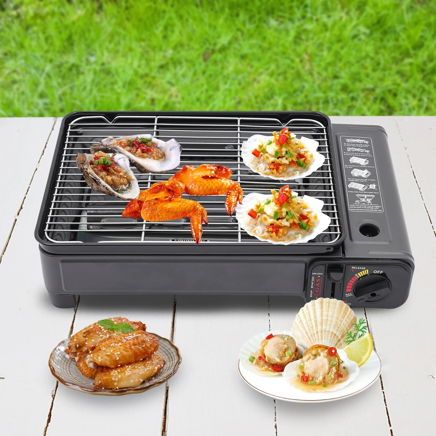 Portable Butane Grill Stove Camping Grill Gas Stove Free Standing BBQ Grill w/Grilling Net Carry Case for Camping Cooking