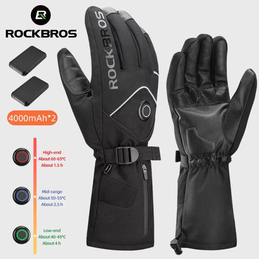 ROCKBROS Heated Skiing Gloves Winter Heated Gloves Motocycle Screen Touch Waterproof Rechargeable 4000mAh Battery Heated Gloves