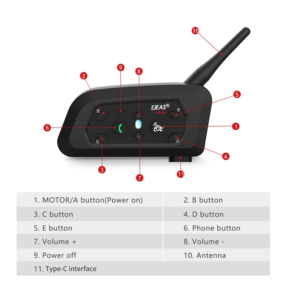 EJEAS Only Official Oversea Store V6PRO+ Motorcycle Intercom Helmet Bluetooth5.1  Headset 6 Riders 800m Communicator Waterproof