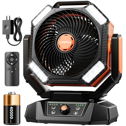 40000mAh Battery Operated Fan Portable Camping Fan with 4 LED Lantern 8 Speeds Desk Fan Remote Portable Rechargeable Outdoor Fan