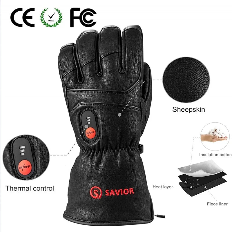 Savior Full Leather Electric Heated Gloves with Battery Powered for Sports Skiing Motorcycling Riding Fishing Hunting SHGS06
