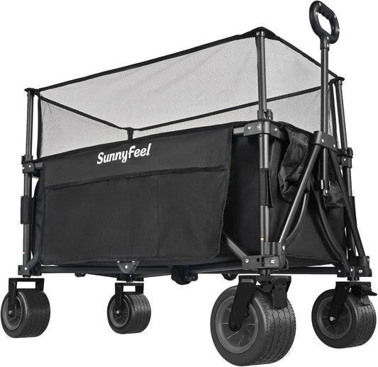 Heavy Duty Collapsible Outdoor Utility Wagon Cart 500LB Capacity Adjustable Handlebar,Foldable Beach Wheels Stable Durable Oxfor