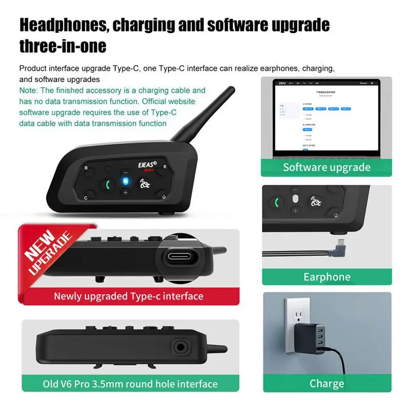 EJEAS Only Official Oversea Store V6PRO+ Motorcycle Intercom Helmet Bluetooth5.1  Headset 6 Riders 800m Communicator Waterproof