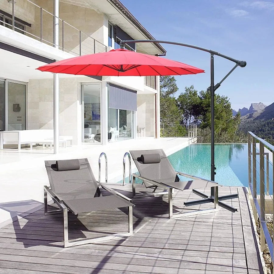 9 Ft Offset Hanging Market Patio Umbrella w Easy Tilt Adjustment for Backyard Poolside Lawn and Garden Red