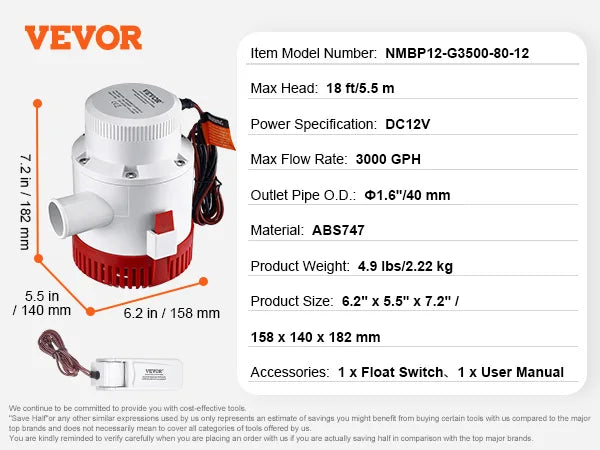 SucceBuy Bilge Pump 750/1100/3000 GPH 12V Automatic Submersible Bilge Water Pump with Float Switch for Boats, Pools, Basements