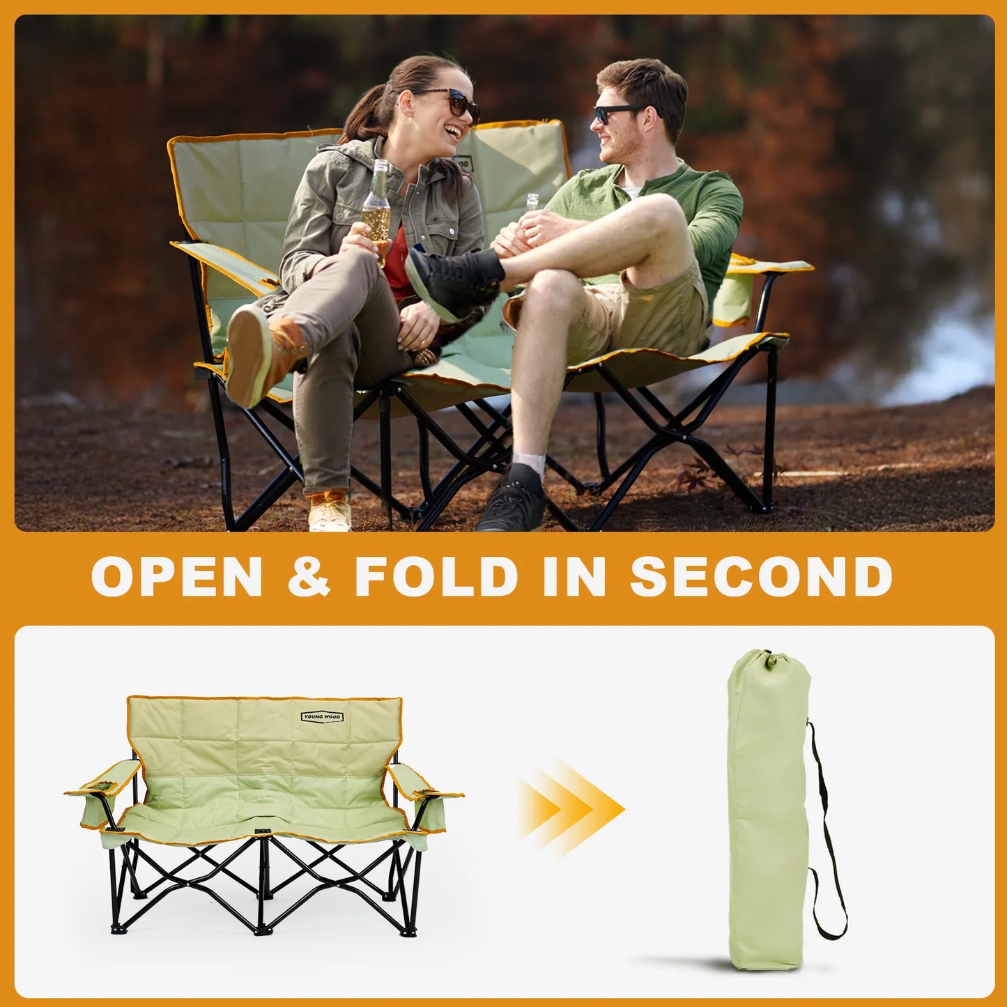 Green Double Chair YW Camping Outdoor Adventure Comfortable Durable Spacious Comfortable Designed with High Quality Materials
