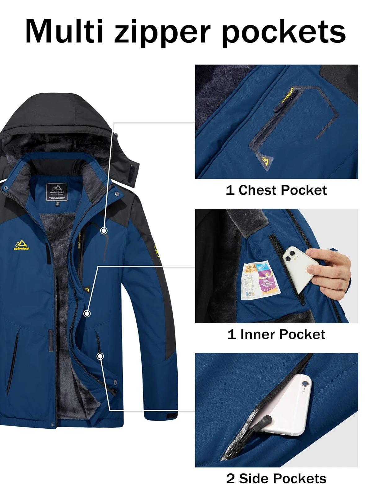 Men's Winter Coats Water Resistant Ski Snow Jacket Warm Fleece Jacket Parka Raincoats With Hood Multi-Pockets Thermal Parka